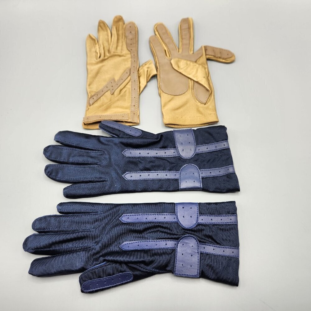 Faux Leather Gloves Black & Yellow Stretchy Lot of 2 Wrist Length Vtg